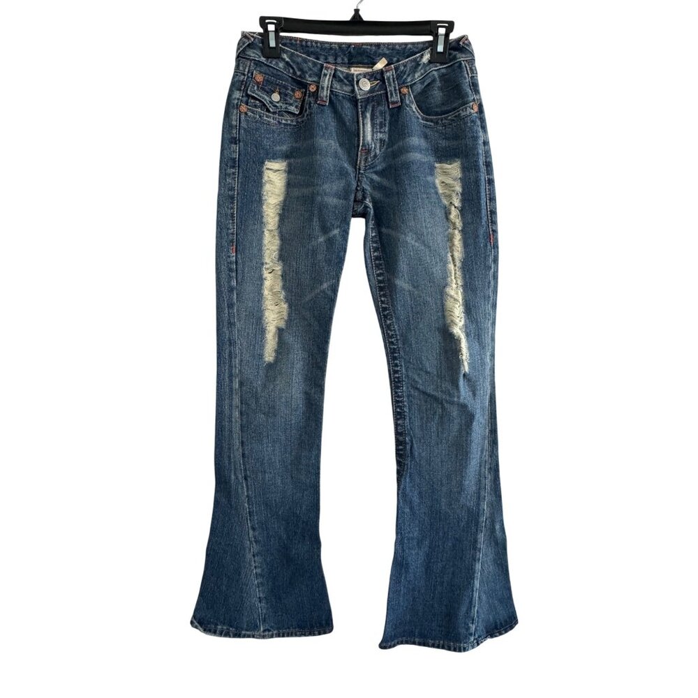vintage True Religion Women’s Distressed Flare Jeans Size 28 Blue Denim Made In